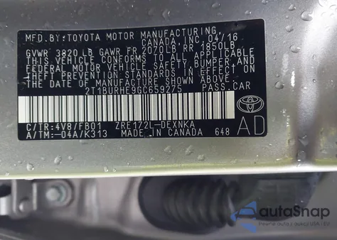 2016 Toyota Corolla Le z USA, uszkodzony, nr VIN 2T1BURHE9GC659275